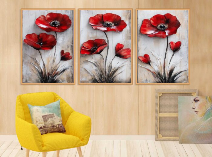 CONJUNTO ARTE PINTURA  FLORES VERMELHAS - Imagem 5