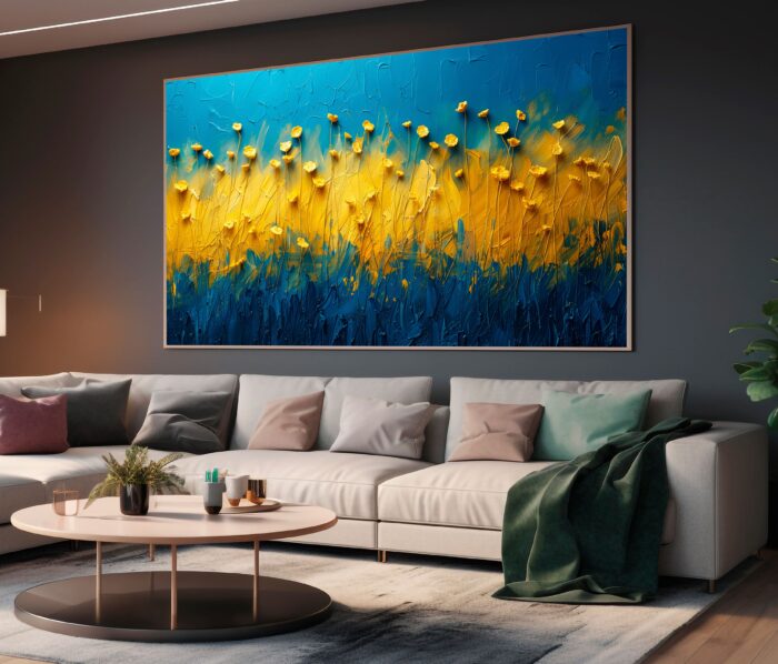 QUADRO ARTE PINTURA ABSTATO AZUL COM PETALAS AMARELAS