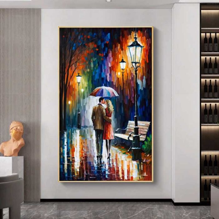 QUADRO PINTURA DE CASAL NA CHUVA