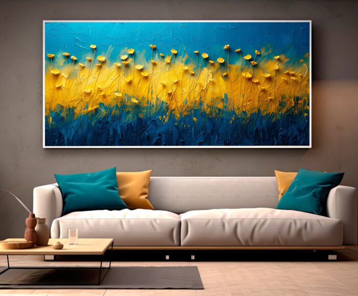QUADRO ARTE PINTURA ABSTATO AZUL COM PETALAS AMARELAS - Imagem 4