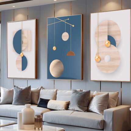 CONJUNTO MODERNA  ARTE EM TONS AZUL E MADEIRA