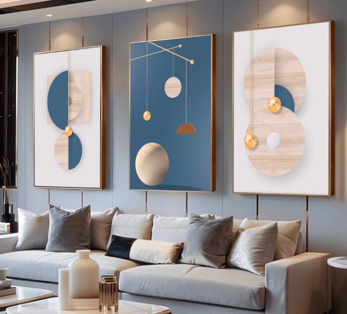 CONJUNTO MODERNA  ARTE EM TONS AZUL E MADEIRA