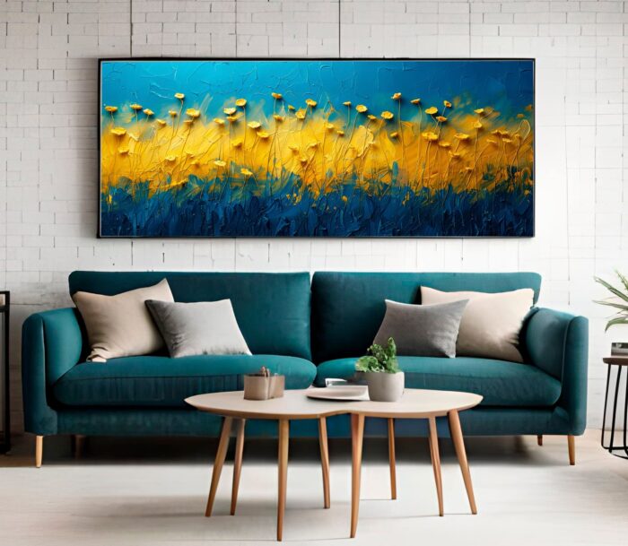 QUADRO ARTE PINTURA ABSTATO AZUL COM PETALAS AMARELAS - Imagem 3