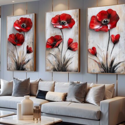 CONJUNTO ARTE PINTURA  FLORES VERMELHAS