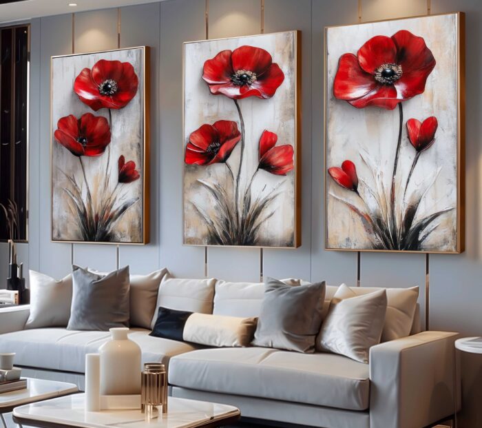 CONJUNTO ARTE PINTURA  FLORES VERMELHAS