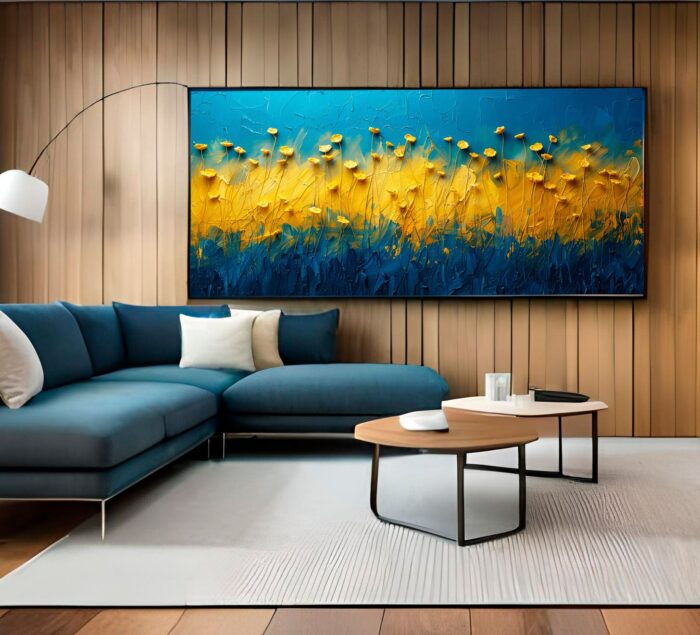 QUADRO ARTE PINTURA ABSTATO AZUL COM PETALAS AMARELAS - Imagem 2