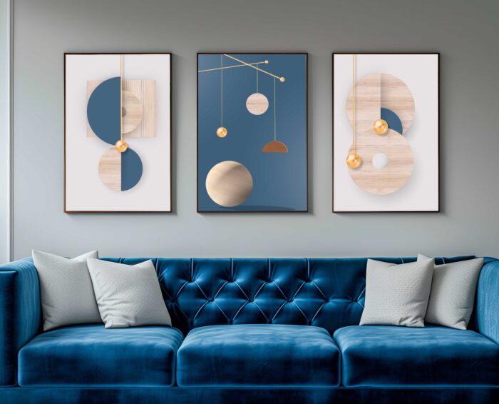 CONJUNTO MODERNA  ARTE EM TONS AZUL E MADEIRA - Imagem 2