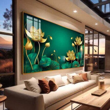 QUADRO ARTE DECOR FLORAL DOURADO E TONS VERDES