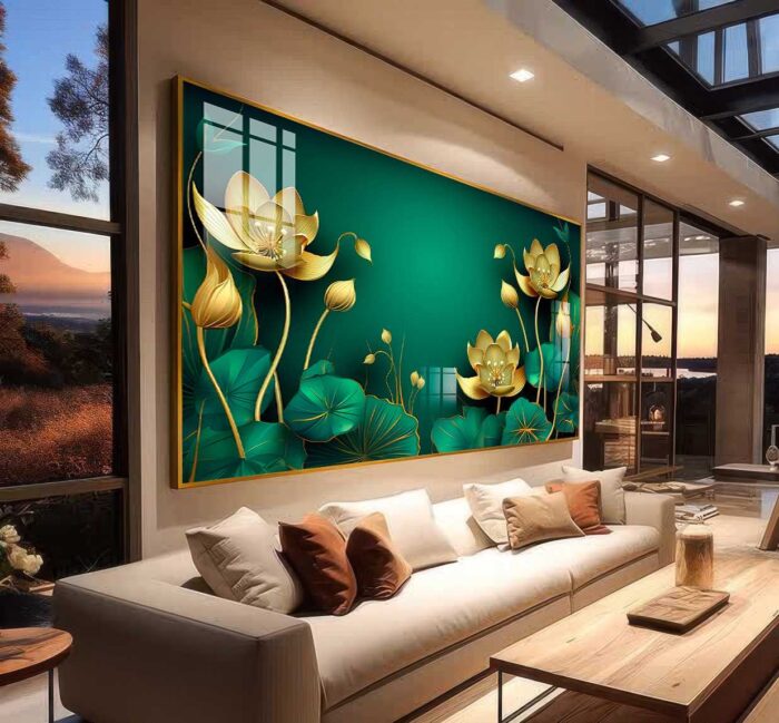 QUADRO ARTE DECOR FLORAL DOURADO E TONS VERDES