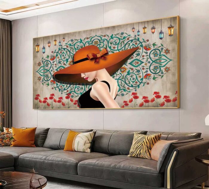 QUADRO MINMALITA ABSTRATO COM MULHER DE CHAPÉU VERMELHO - Imagem 3