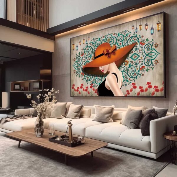 QUADRO MINMALITA ABSTRATO COM MULHER DE CUAPÉU VERMELHO