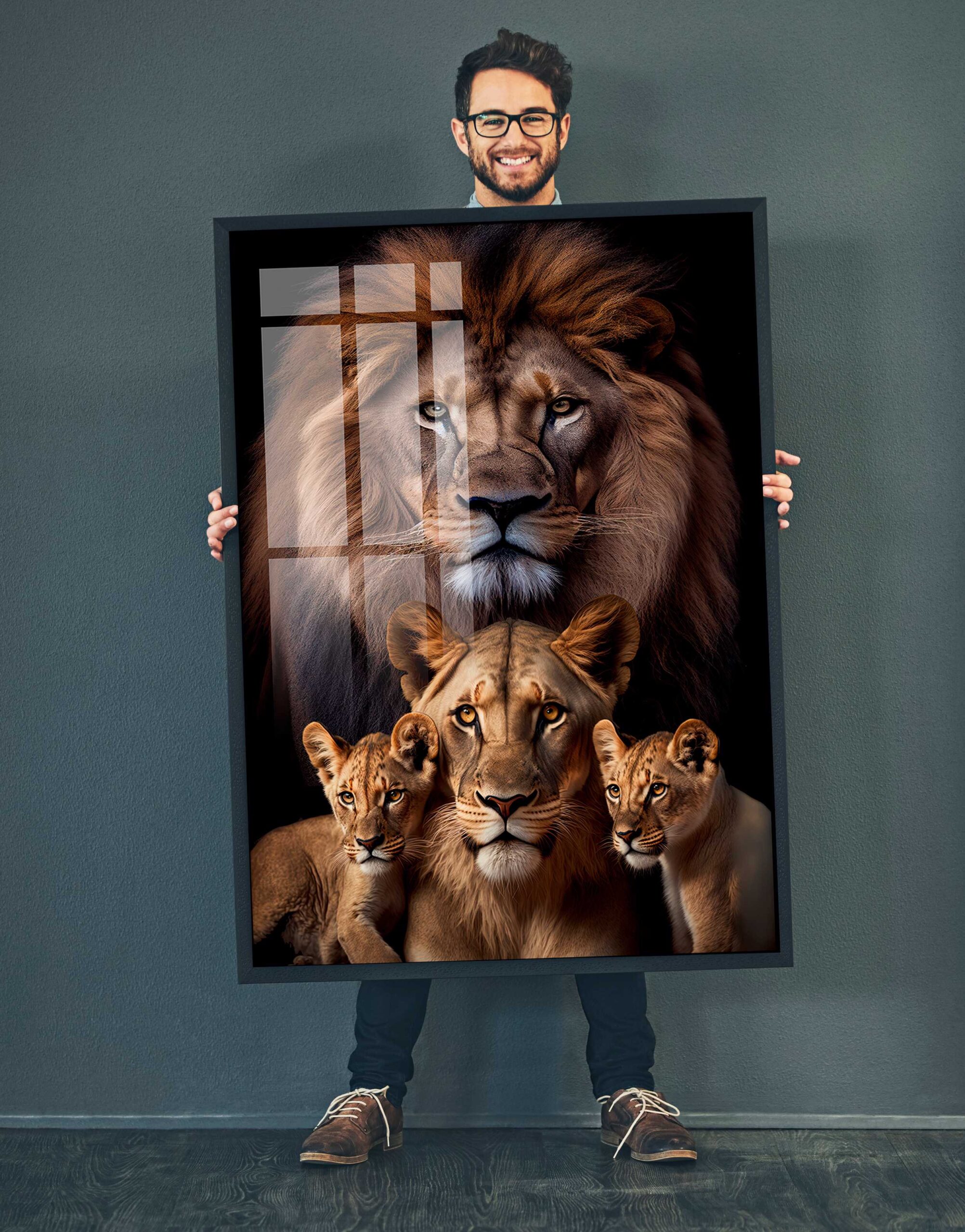 D1 QUADRO LEÃO LEOA E FILHOTES - Imagem 1
