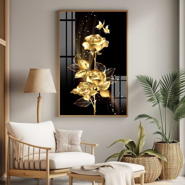 QUADRO BELA ROSA DOURADA COM FUNDO PRETO