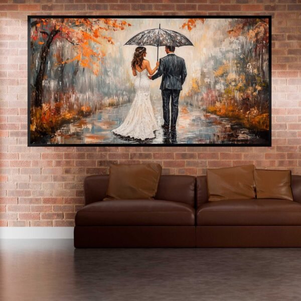 QUADRO PINTURA ABSTRATA DE CASAL NA CHUVA