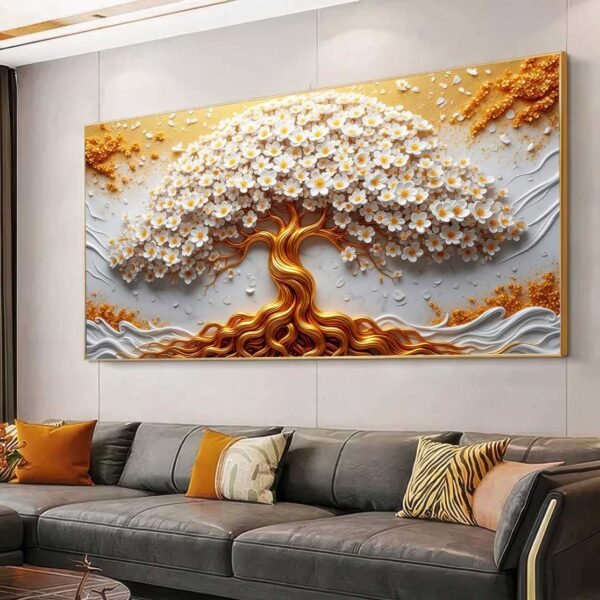 QUADRO ARTE ÁRVORE ABSTRATA COM TONS DOURADA