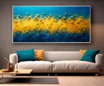 QUADRO ARTE PINTURA ABSTATO AZUL COM PETALAS AMARELAS - Imagem 3