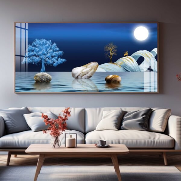QUADRO ILUSTRAÇÃO DE PAISAGEM MODERNA EM TONS AZUIS