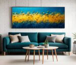 QUADRO ARTE PINTURA ABSTATO AZUL COM PETALAS AMARELAS - Imagem 2