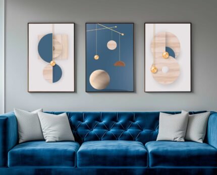 CONJUNTO MODERNA  ARTE EM TONS AZUL E MADEIRA