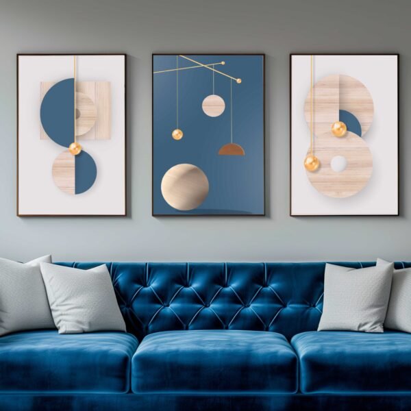 CONJUNTO MODERNA ARTE EM TONS AZUL E MADEIRA