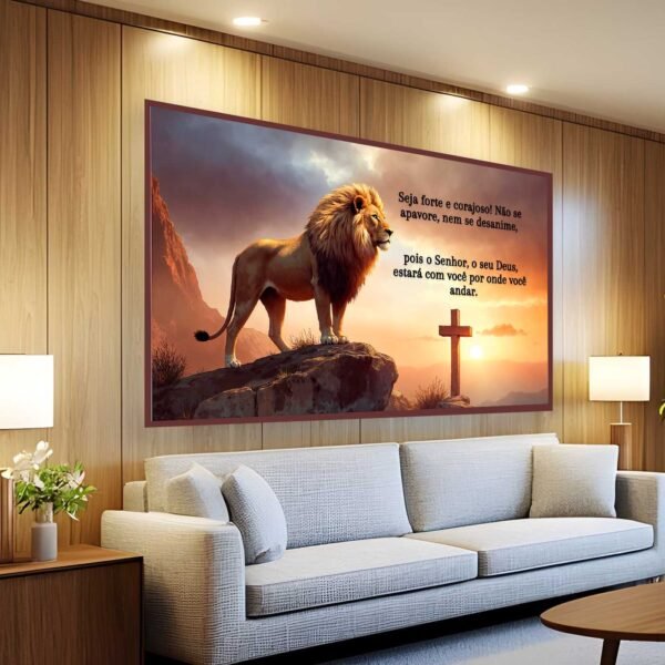 QUADRO INSPIRADOR LEÃO COM FRASE SEJA FORTE