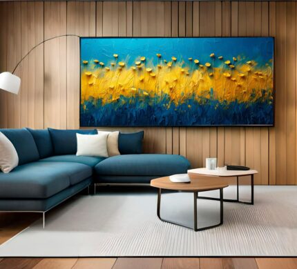 QUADRO ARTE PINTURA ABSTATO AZUL COM PETALAS AMARELAS