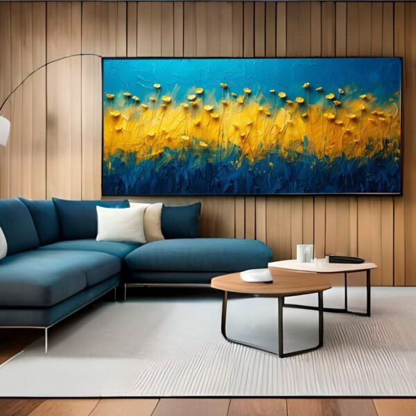 QUADRO ARTE PINTURA ABSTATO AZUL COM PETALAS AMARELAS