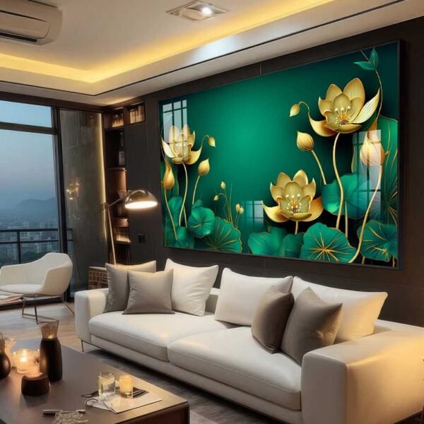 QUADRO ARTE DECOR FLORAL DOURADO E TONS VERDES