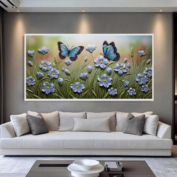 QUADRO EM BELA PAISAGEM COM BORBOLETAS AZULADAS