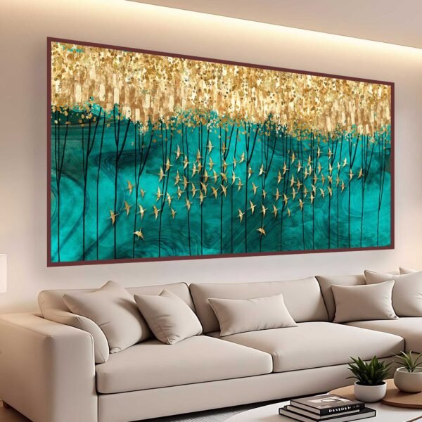 QUADRO EM ABSTRATO DE PAISAGEM EM TONS VERDES E DOURADOS