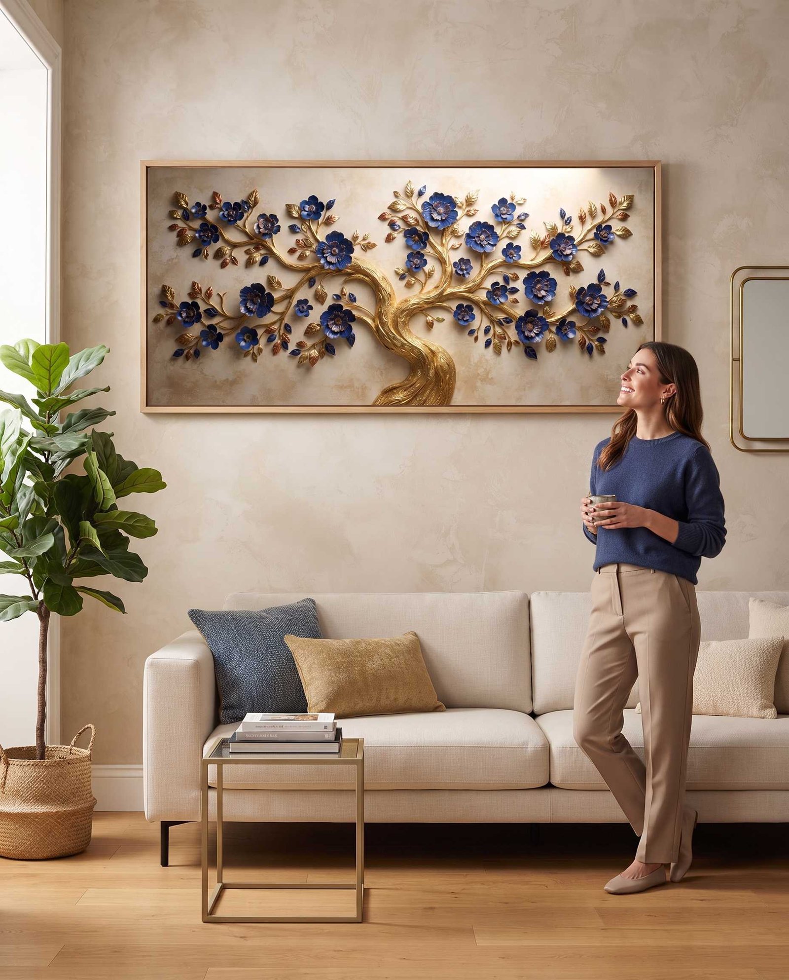 QUADRO EM BELA ÁRVORE ABSTRATA MODERNA DECOR AZUL COM DOURADOS