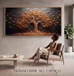 QUADRO COM BELA ARVORE ABSTRATA EM TONS DORADOS E FUNDO ESCURO