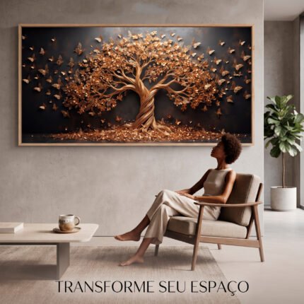 QUADRO COM BELA ARVORE ABSTRATA EM TONS DORADOS E FUNDO ESCURO