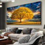 QUADRO BELA ÁRVORE AMARELA AO POR DO SOL