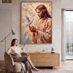 QUADRO CRISTO E O POMBO DA PAZ EM PINTURA ABSTRATA